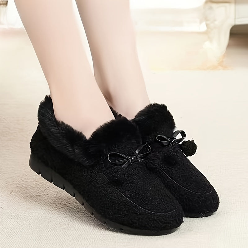 Women's Cozy Loafers Solid Color Microfiber Bow Non-Slip Rubber Sole All-Season
