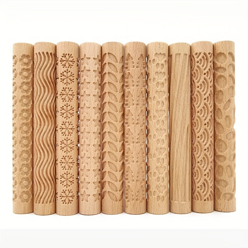 Embossing Rolling Pin for Dough Shaping, Wooden Kitchen Tool for Pizzas and Cookies
