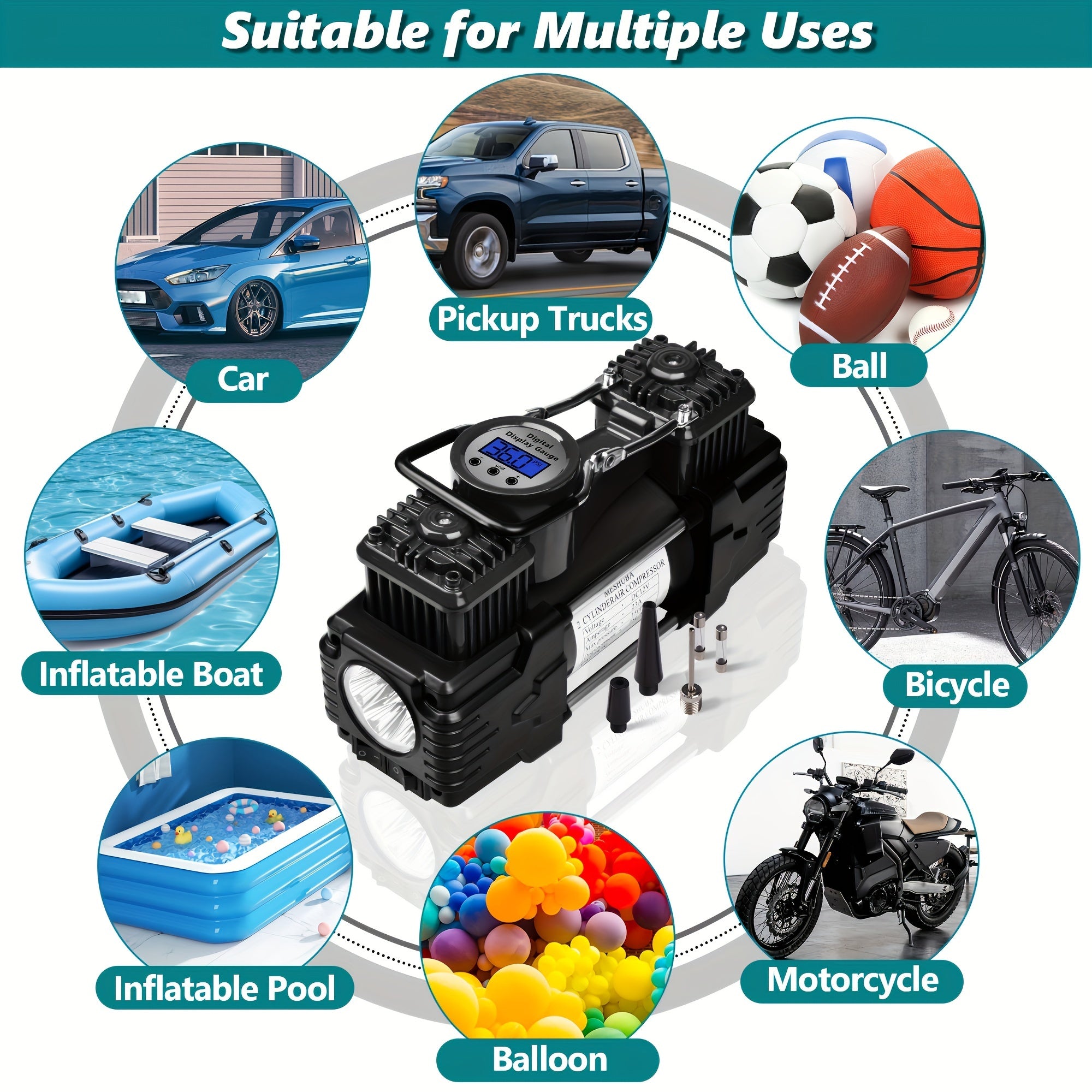 Twin Cylinder Portable Air Compressor with Digital Gauge and LED Light 12V 150 PSI