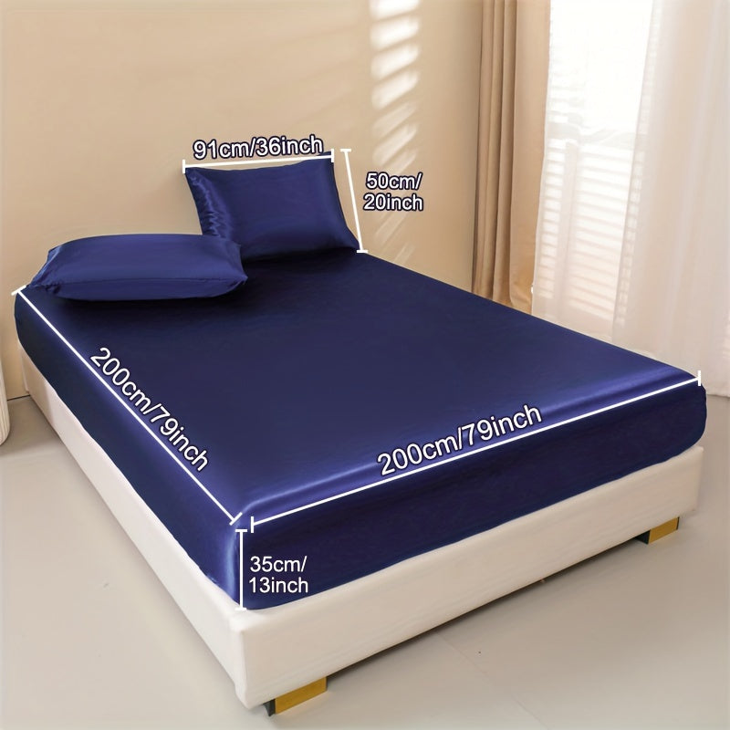 Satin Bedding Set 3 Pieces Fitted Sheet and Pillowcases Solid Color