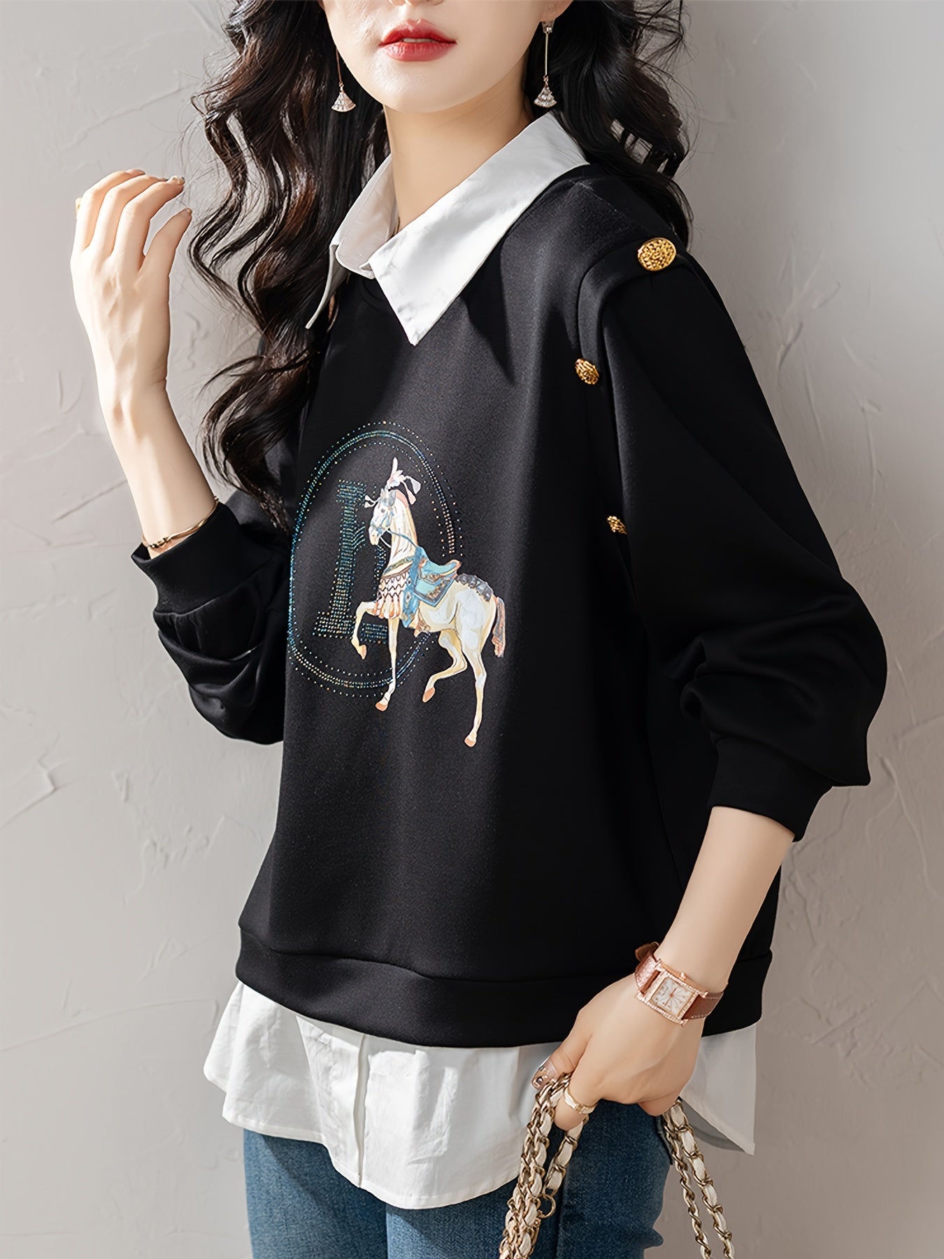 Women Black Pullover Sweater with Contrast Collar and Long Sleeves
