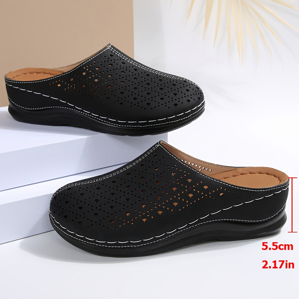 Women's Slip-On Platform Mules with Cut-Out Design Breathable PU Black White