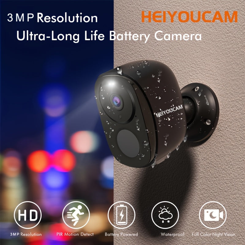 HEIYOUCAM Xavfsizlik Kameralari Simsiz Tashqi, 3MP Batareya Bilan Ishlaydigan, Spotlights va Sirena Signalizatsiyasi, Rangli Tungi Ko‘rish, AI Aniqlash, Alexa Bilan Ishlaydi, Ob-havoga chidamli.