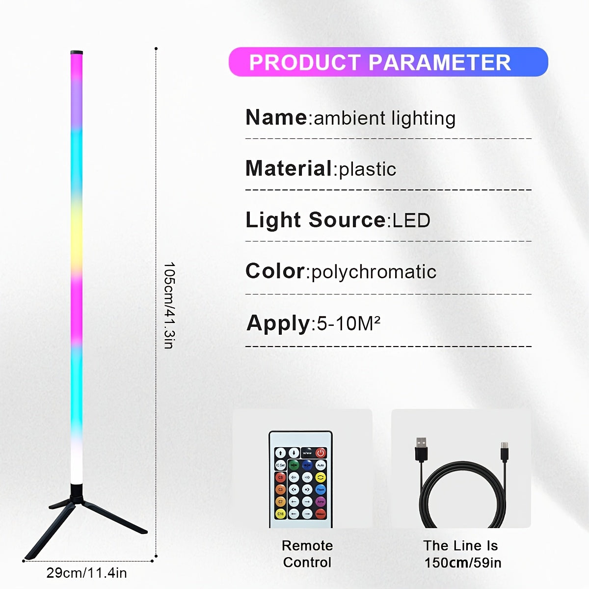RGB Color Changing LED Floor Lamp with Music Sync Remote Control Adjustable Height 105cm USB Power for Dance Rooms Game Rooms and Parties