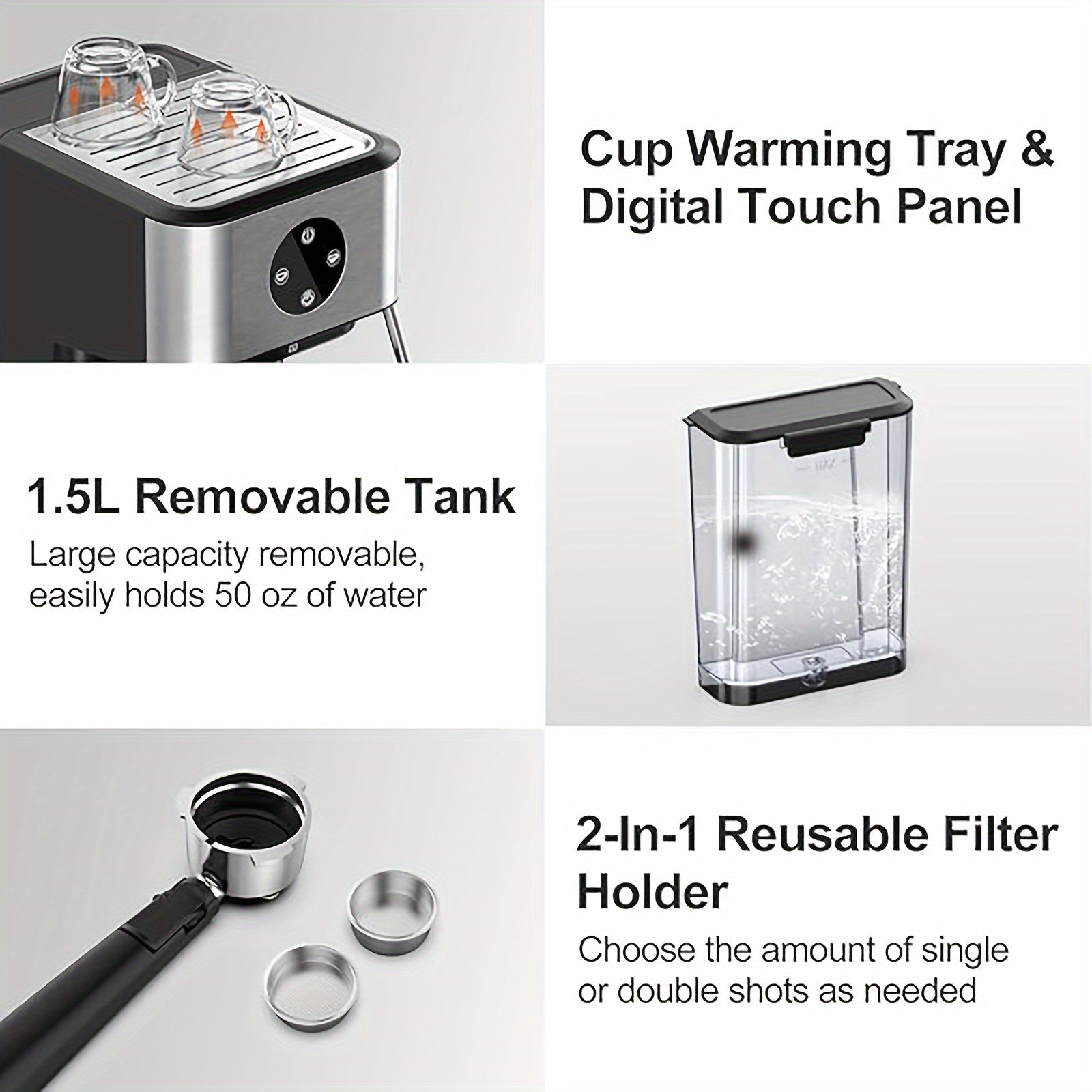 20 Bar semi-avtomatik espresso qahva mashinasi, bug'li quroli bilan, 1.5L suv tanki, 1050W