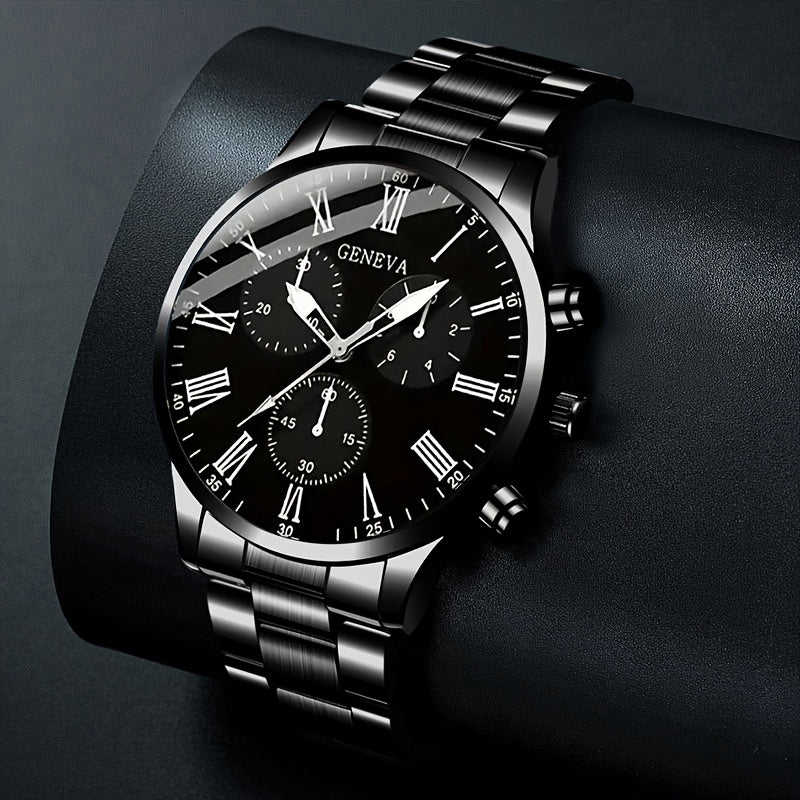 Men's Stainless Steel Business Watch Set with Quartz Dial Necklace Bracelet Ring