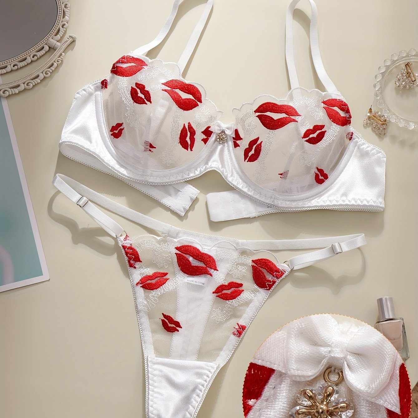 Women's Floral Embroidered Lingerie Set with Lips Pattern Polyester Knit Bralette and Thong