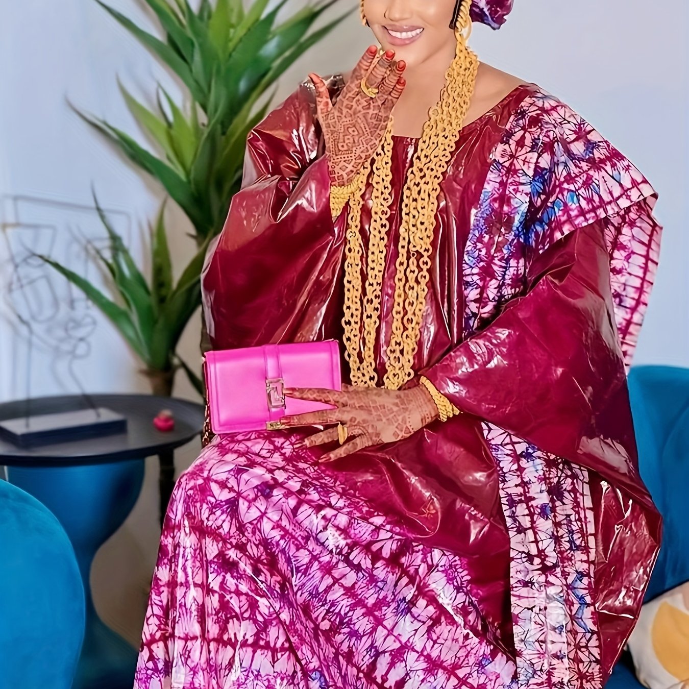 Women's African Dashiki Robe Long Sleeve Maxi Dress Wedding Party Purple Red