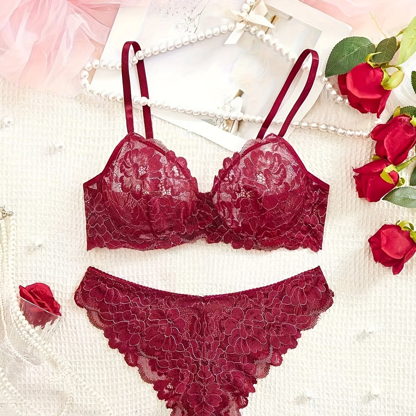 Women's Maroon Floral Lace Bra and Panty Set with Scalloped Edges and Soft Polyester Elastane Blend