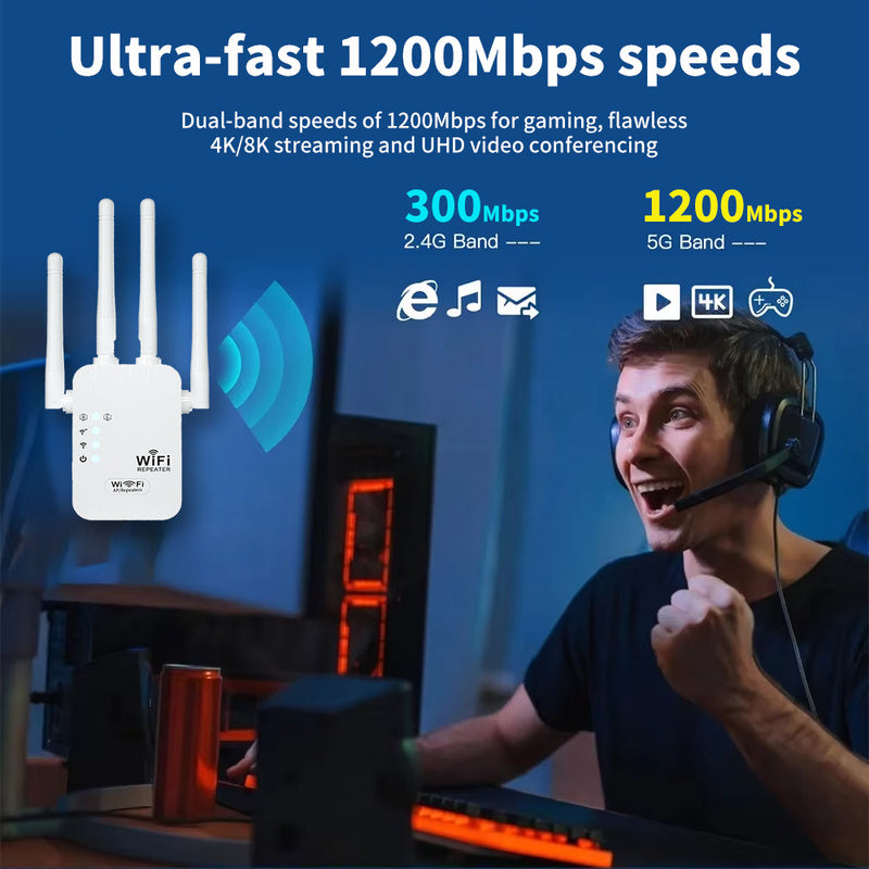 Wi-Fi Signal Booster with Ethernet Port Extends Coverage Up to 11000 Sq Ft Supports 35+ Devices Easy One-Click Setup