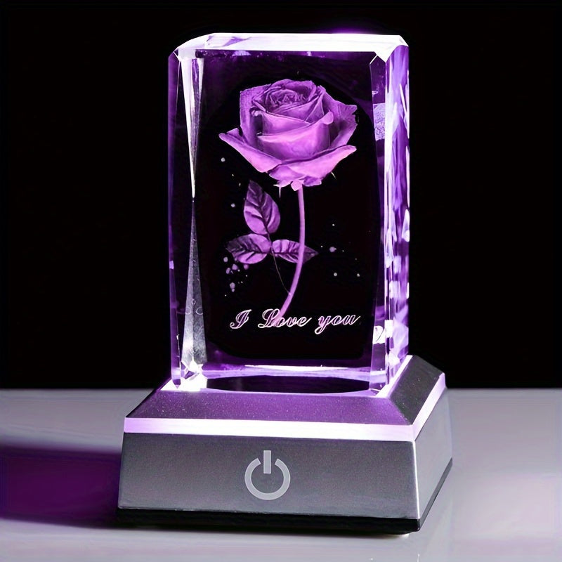 Cristal de rosa grabado en láser 3D con base de luz de color para regalo, decoración del hogar, luz nocturna