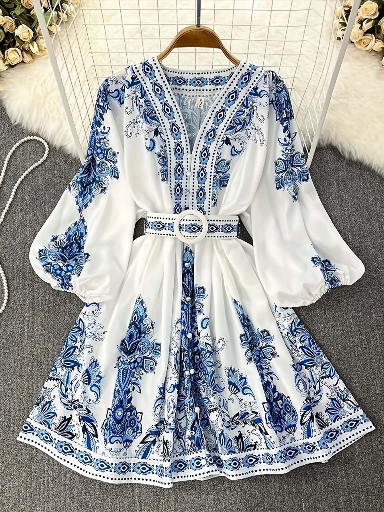 Women's Bohemian Floral Print Midi Dress with Belt V-Neck Short Sleeve Summer Vacation Casual