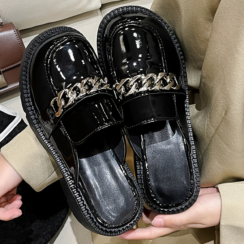 Women's White Synthetic Chunky Platform Mules with Gold Buckles