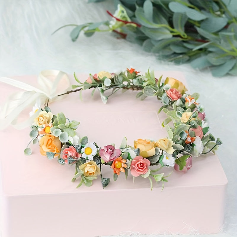 Spring and Summer Floral Crown Headband with Roses Daisies Water Grass for Parties Bridal Gifts
