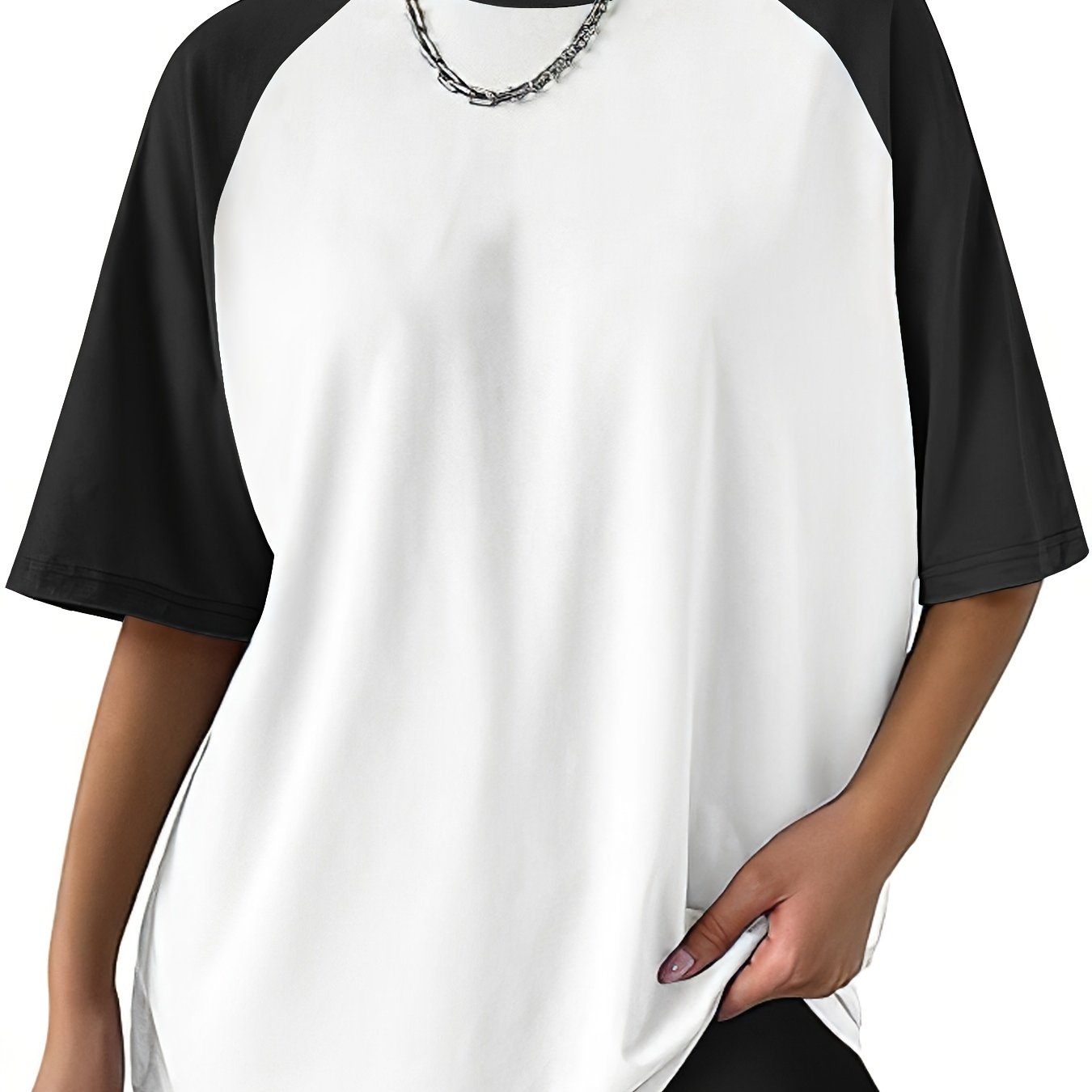 Women's Color-Blocked Black and White Baseball Tee Short Sleeve Oversized Plus Size