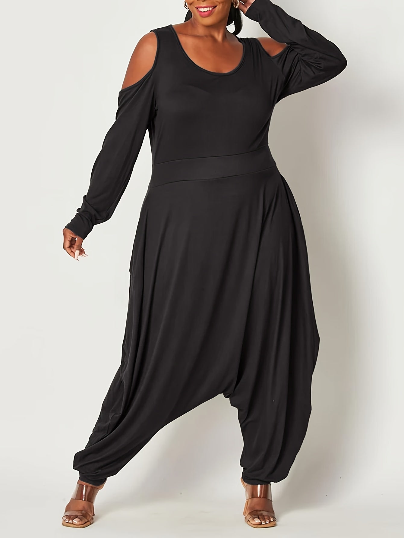 Plus Size Women Black Off-Shoulder Jumpsuit Long Sleeve Wide-Leg Casual Formal
