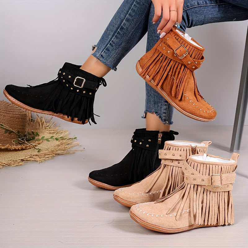 Women's Bohemian Tassel Ankle Boots Soft Flannel Upper Rubber Sole
