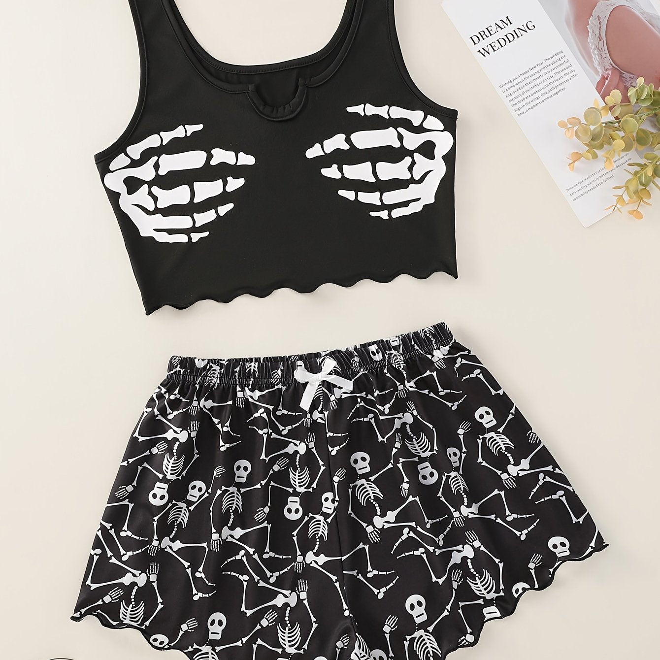 Women's Skull Print Pajama Set with Lettuce Trim Tank Top and Shorts for Loungewear and Sleepwear