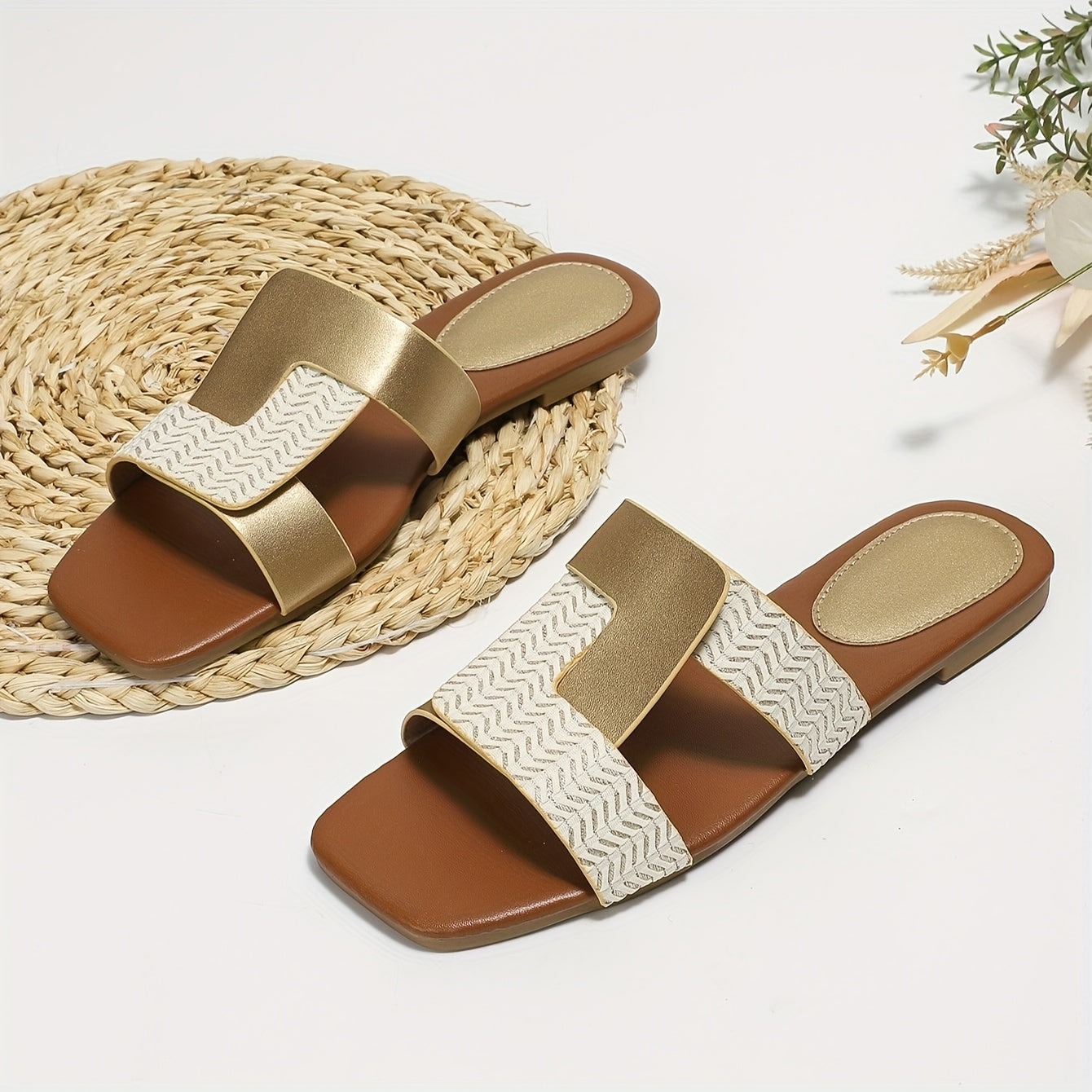 Women's Square Toe Slide Sandals with Two-Tone Gold and White Chevron Design