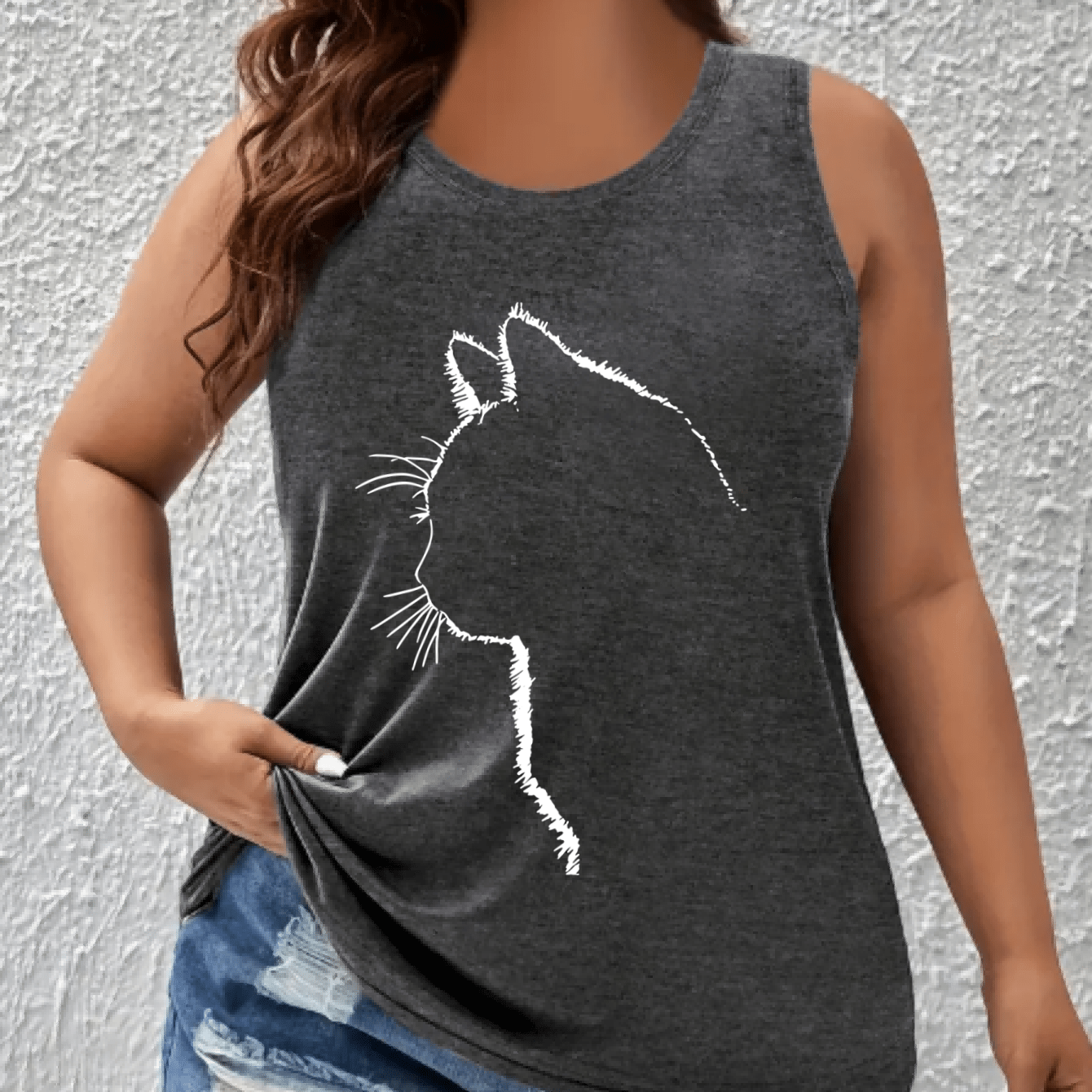 Plus Size Women's Off-Shoulder Vest Top Breathable Polyester Cat Print Green Sleeveless Shirt