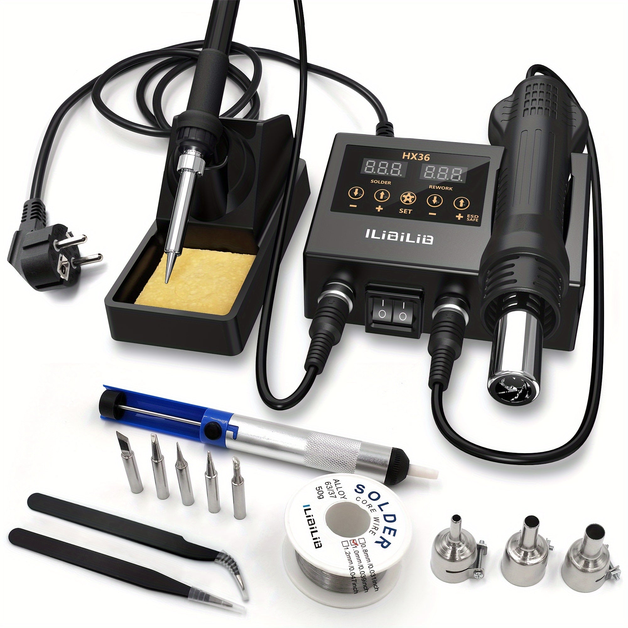 2-in-1 Soldering Station Kit with Hot Air Rework and Soldering Iron 220-240V Digital Temperature Control