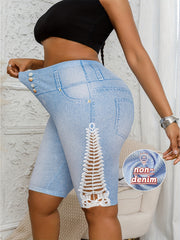 Shorts de mezclilla elástica de talla grande para mujer, longitud media, ajuste casual con dobladillo deshilachado