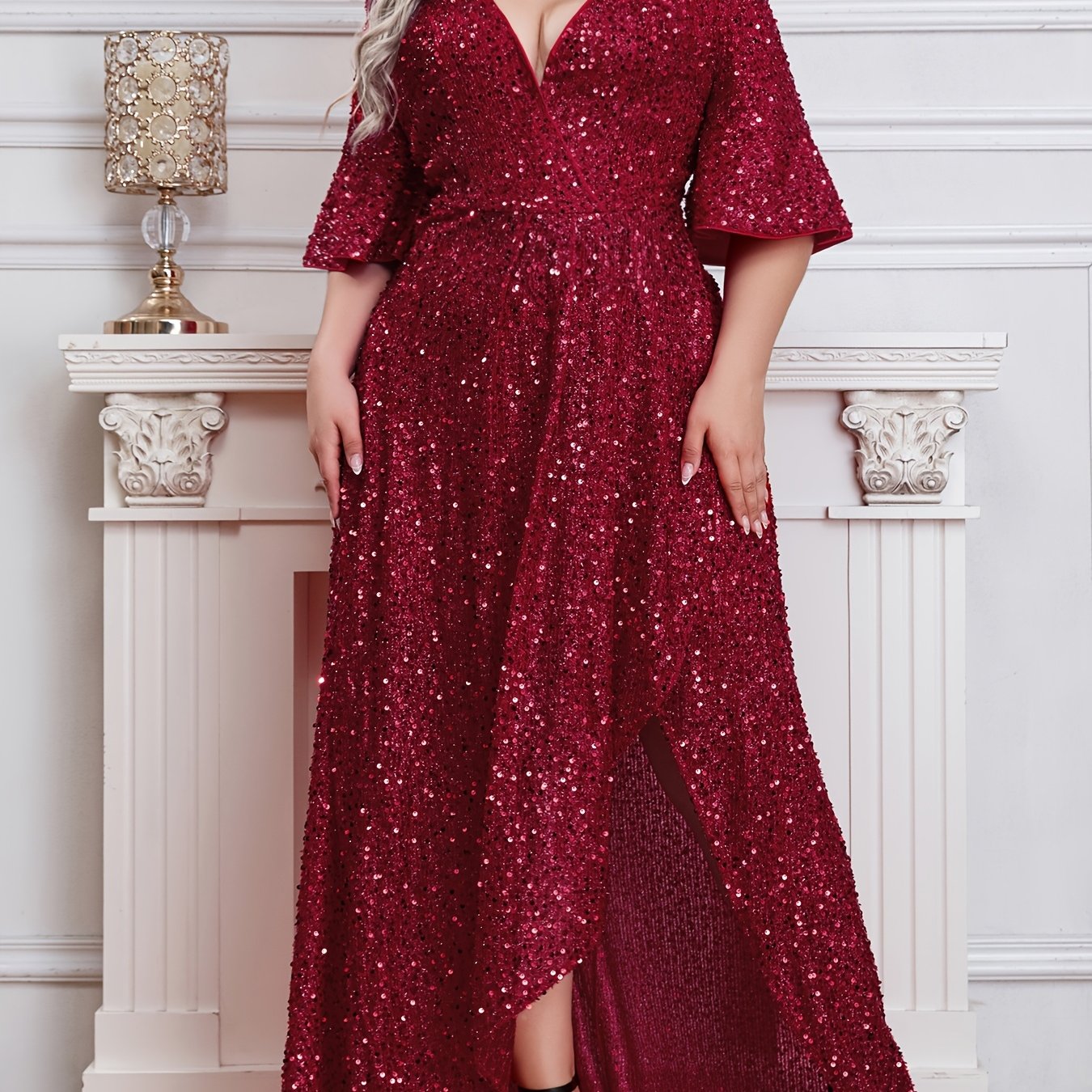 Plus Size Dress Solid Color Beaded Splicing Ruffle Hem