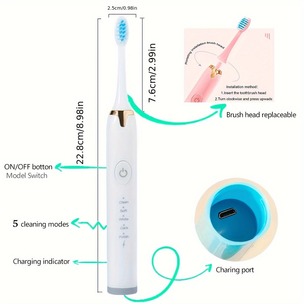 Electric Toothbrush with 7 Dupont Brush Heads 5 Modes USB Rechargeable Battery