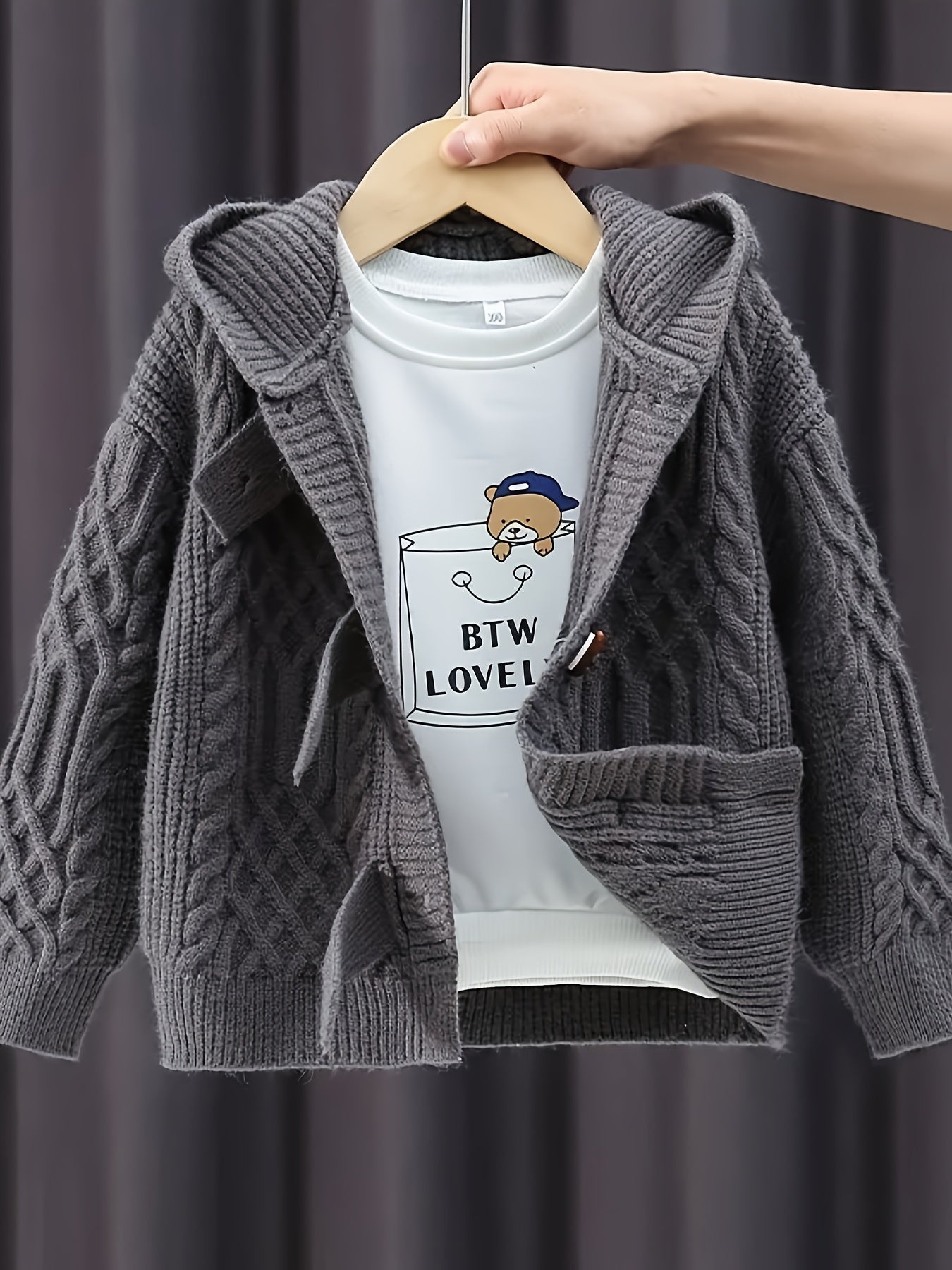 Boys Knit Cardigan Hoodie Long Sleeve Casual Fall Winter Thick Warm Button Up