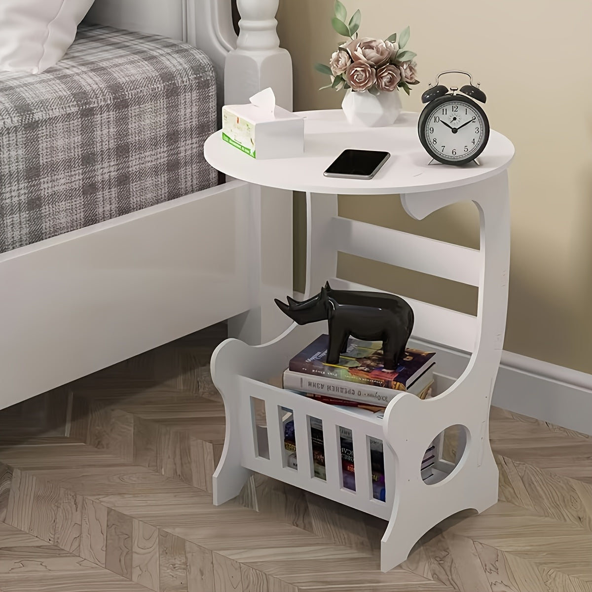 White Wooden Round Table Mini Nightstand with Open Storage for RVs and Home