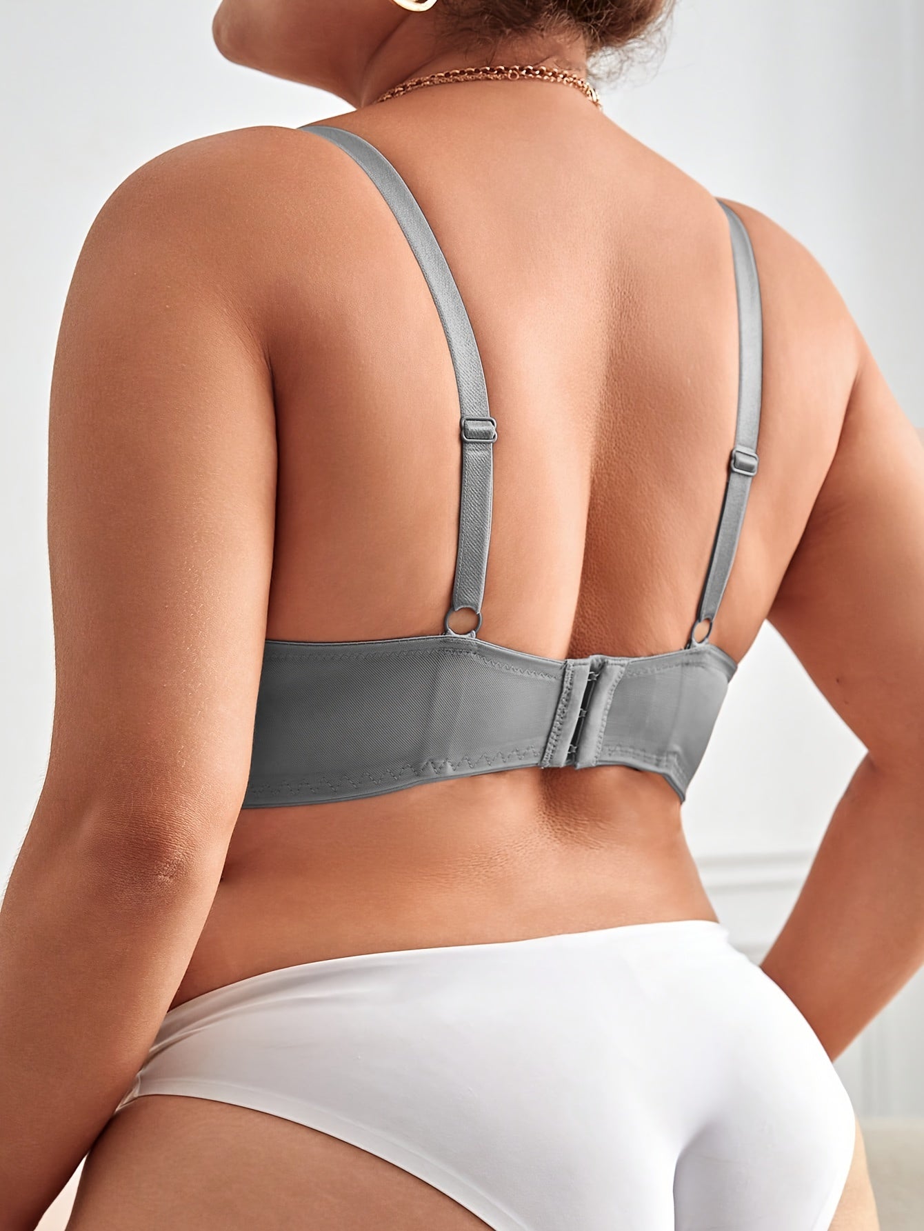 Sujetador con encaje de tallas grandes con aros para mujer, color sólido, poliéster elastano de estiramiento medio, lencería sexy