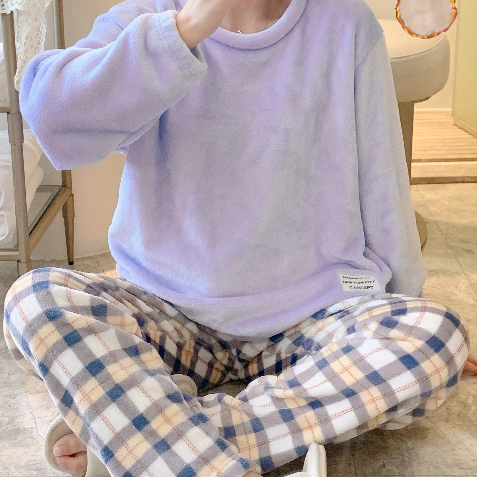Women's Plaid Fuzzy Pajama Set Long Sleeve Crew Neck Elastic Waist Pants Winter Sleepwear Loungewear