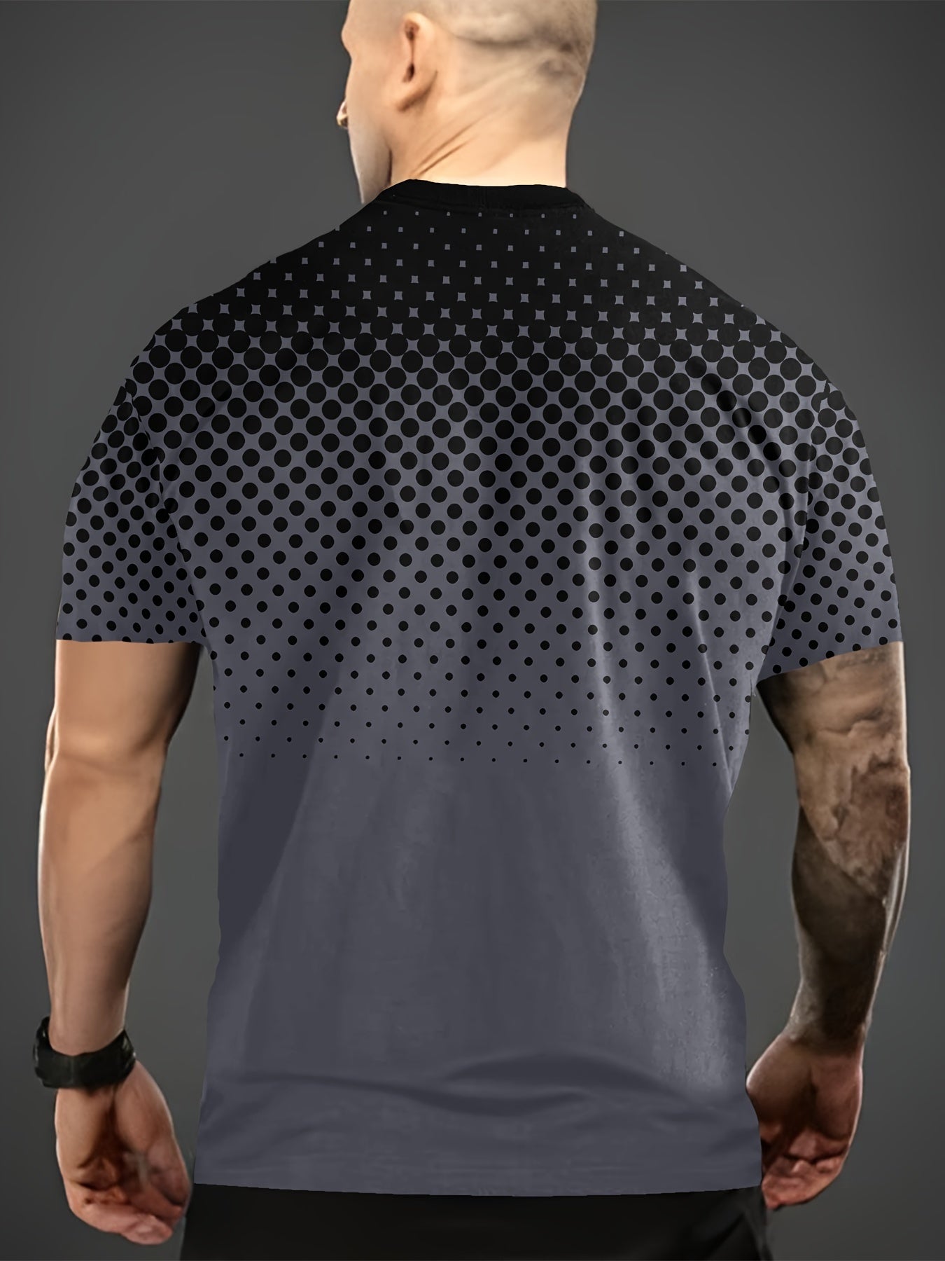 Camiseta negra de cuadros para hombre con diseño de cuadros y estampado de puntos azules, poliéster, casual, con cuello redondo