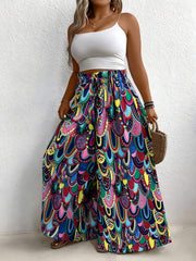 Plus Size Women's Tropical Print Wide-Leg Pants Elastic Waist Beach Vacation Non-Stretch Fabric