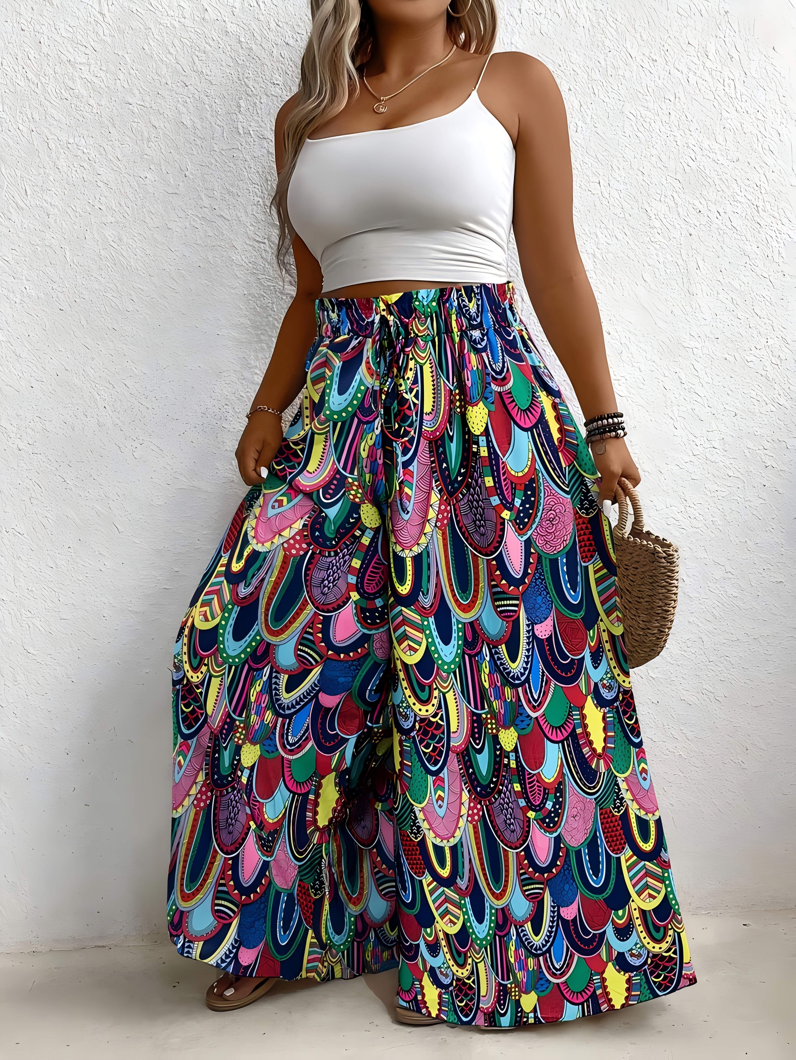 Plus Size Women's Tropical Print Wide-Leg Pants Elastic Waist Beach Vacation Non-Stretch Fabric