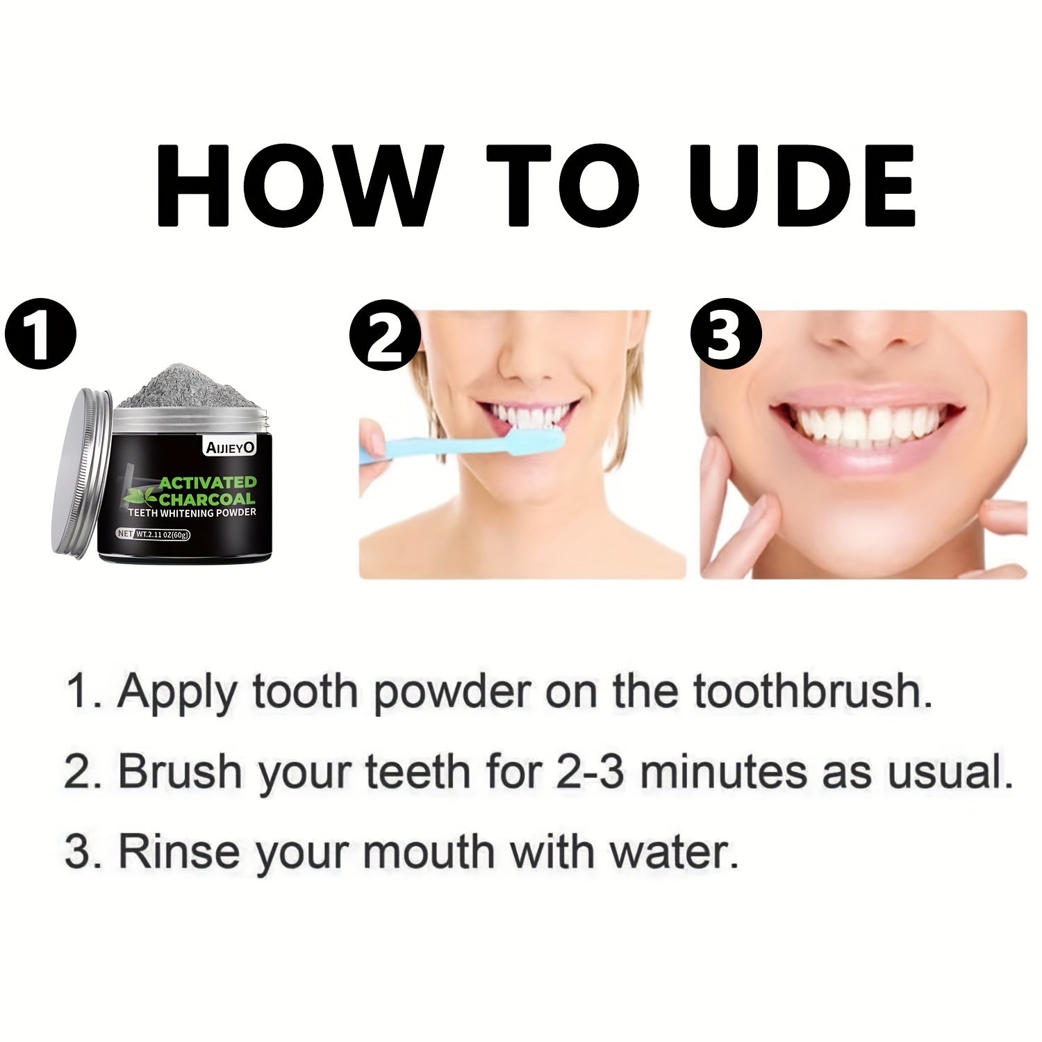 Charcoal Teeth Whitening Powder with Mint Flavor Brightens Smile Freshens Breath Natural Gums