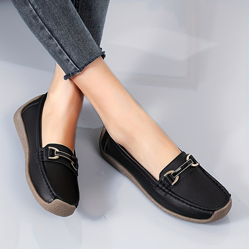 Women's Slip-On Loafers with Metal Decor Faux Leather Casual Flat Shoes