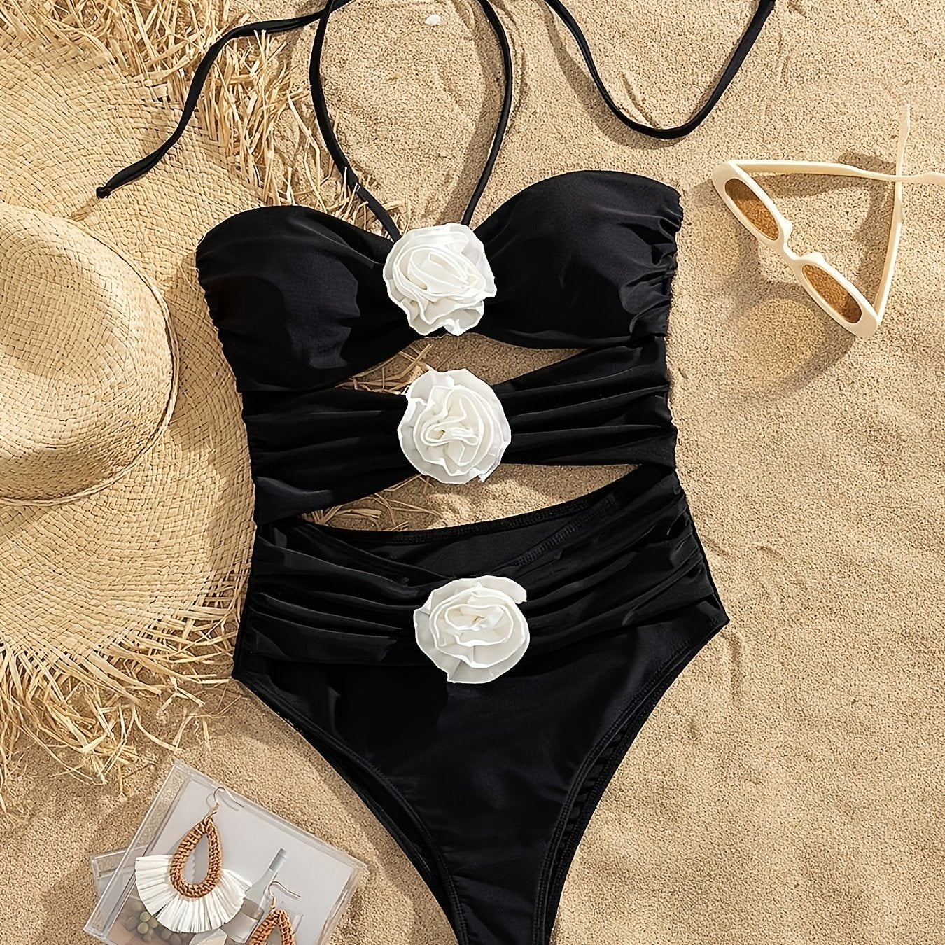 Qora bir qismli suzish kostyumi, 3D gul bezaklari bilan, halter, yuqori bel, bukilgan, elastik polyester