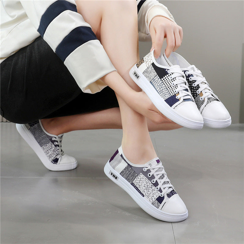 Women’s Breathable Canvas Sneakers Low-Top Casual Shoes White Navy Blue