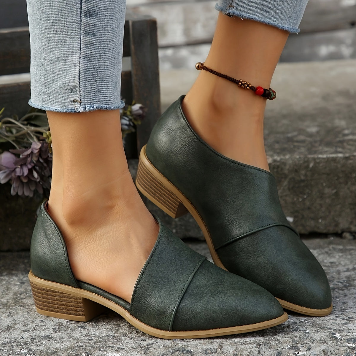 Women's Slip-On Pointed Toe Ankle Boots with Chunky Heel and Cut-Out Design