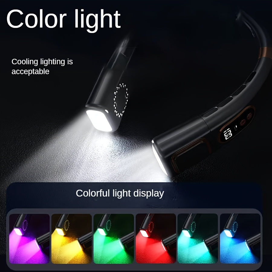 Hanging Neck Fan with Colorful Lights Dual Turbine Air Outlet 5-Speed Adjustable Long Battery Life for Outdoor Cycling Travel