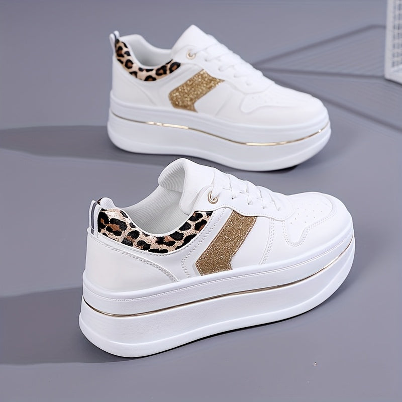 Women's Casual Thick-Sole Sneakers White Gold Low-Top Comfortable Lace-Up All-Season