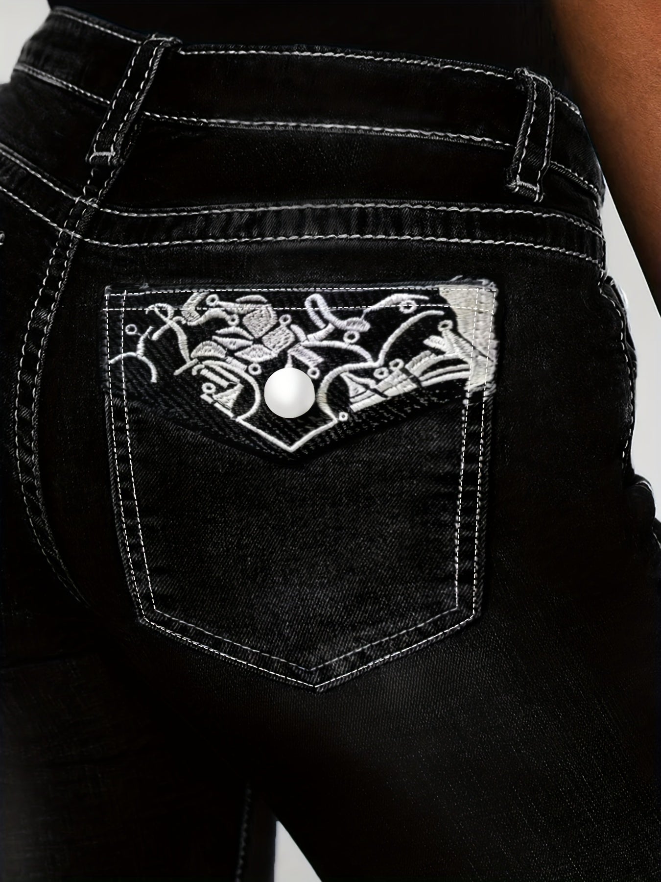 Women High-Waisted Embroidered Flare Jeans Stretch Denim All-Season Plus Size