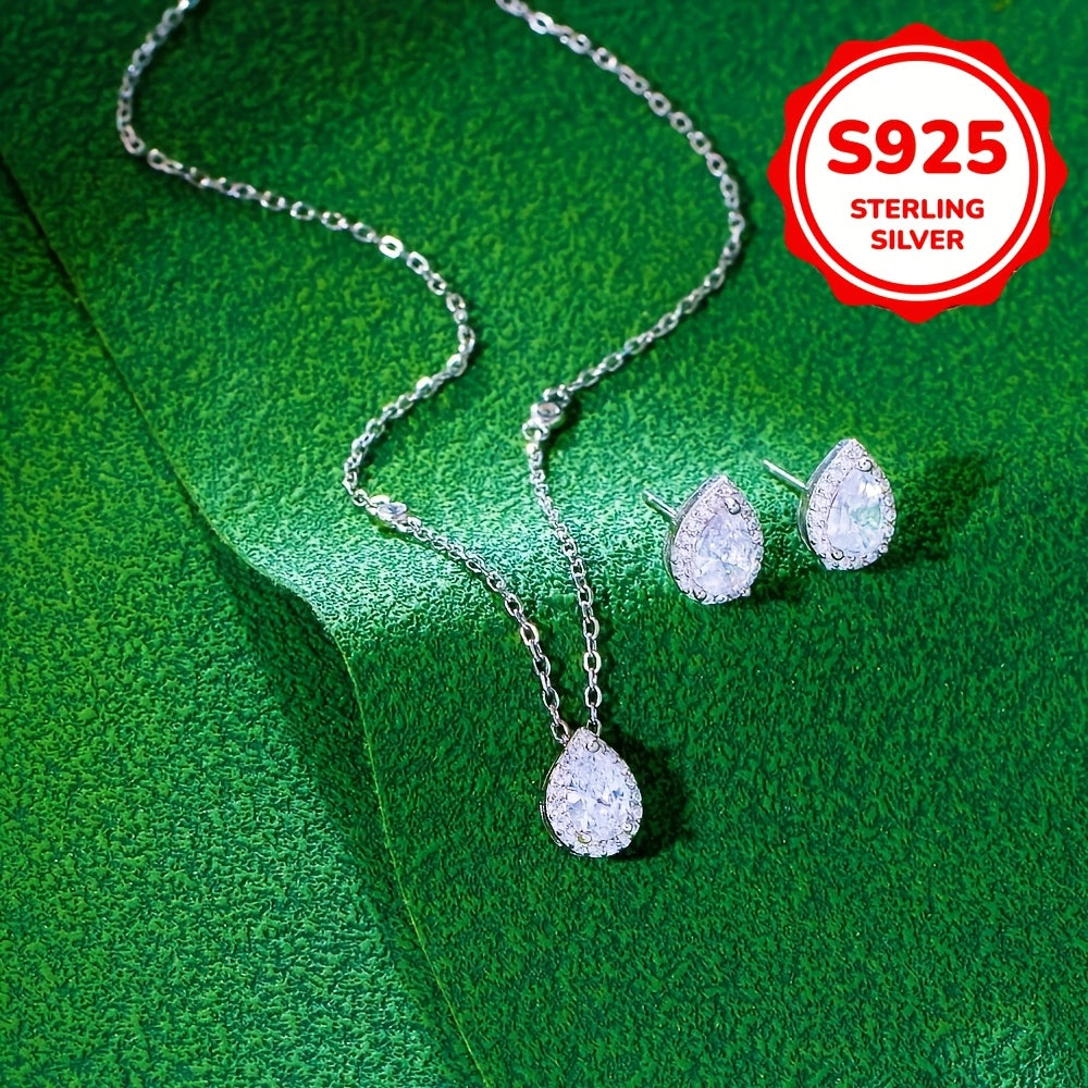 Sterling Silver Water Drop Cubic Zirconia Necklace and Stud Earrings Set for Women