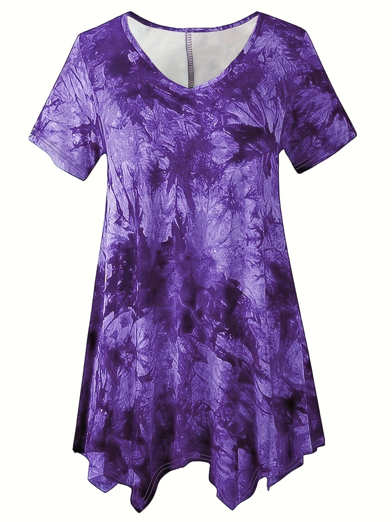 Plus Size Tie Dye Asymmetrical Hem T-Shirt for Women Spring Summer Casual Short Sleeve V-Neck