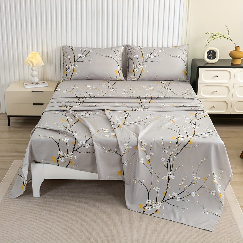 Set of Four Flower Print Fitted Sheets with Pillowcases Breathable Soft Cotton