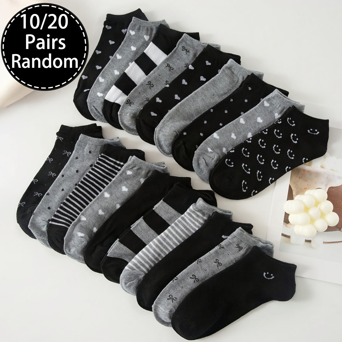Women's Ankle Socks Black Grey Geometric Pattern 10 Pairs Knit Fabric Spandex