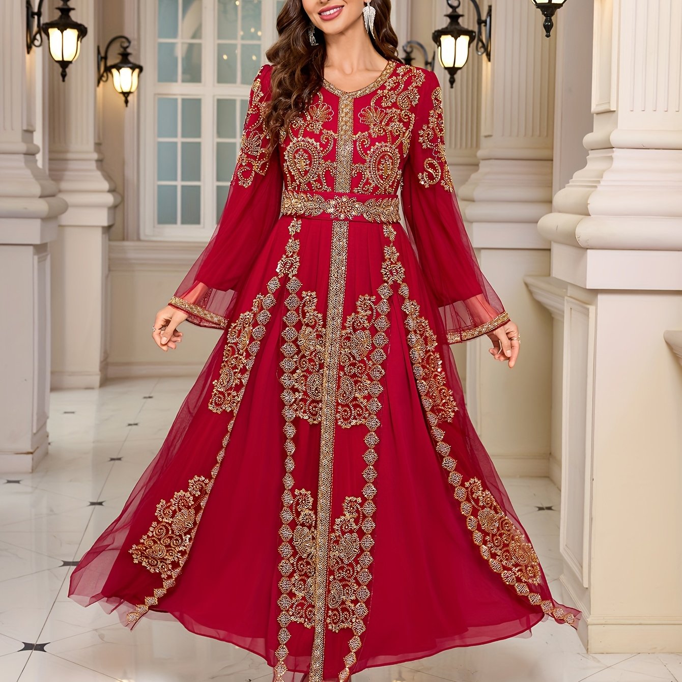 Women's Embroidered Beaded Gown Long Sleeve Formal Dress for Weddings
