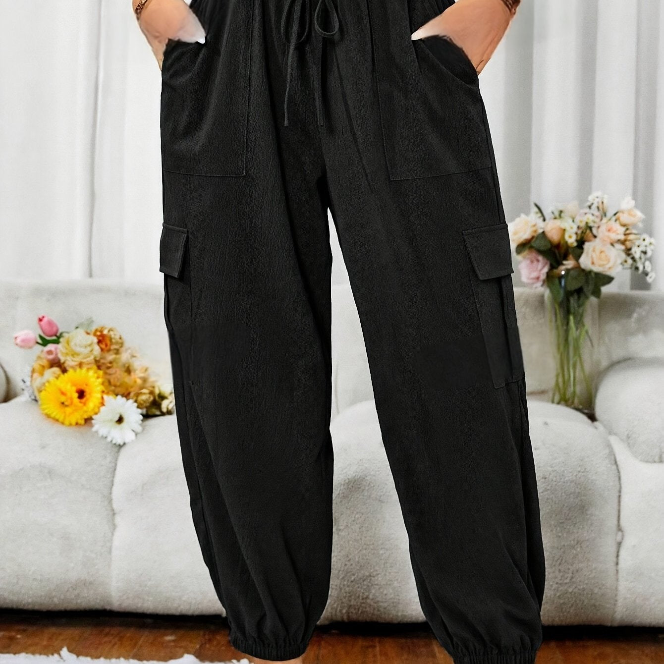 Plus Size Women's Jogger Pants Dark Grey Non-Stretchy Casual Lounge Trousers