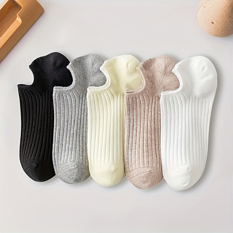 Women’s Solid Color Low Cut Invisible Socks 5 Pairs Breathable Knit